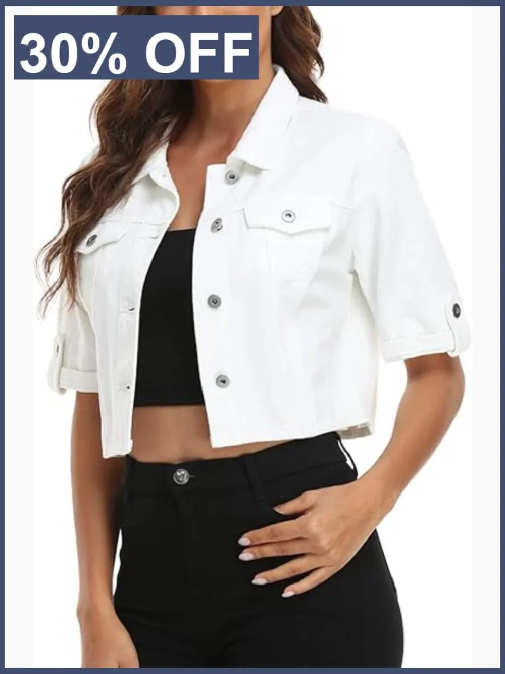 Cropped Denim Jacket Short Sleeve Casual Classic Button Front